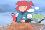  1girl adapted_costume artist_name blanket blue_background boat breath closed_eyes contemporary dated floral_print hair_bobbles hair_ornament holding holding_thermos life_vest onikobe_rin onozuka_komachi red_hair shirt short_hair sitting smile solo thermos touhou two_side_up watercraft white_shirt 
