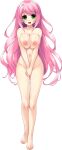  1girl bangs barefoot blush breasts copyright_request covering covering_crotch eyebrows_visible_through_hair facing_viewer full_body green_eyes hands_together large_breasts long_hair looking_at_viewer navel nipples open_mouth photoshop_(medium) pink_hair raised_eyebrows shintarou solo standing tachi-e transparent_background v_arms 