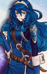  1girl armor bangs blue_eyes blue_gloves blue_hair clenched_hand closed_mouth fingerless_gloves fire_emblem fire_emblem_awakening gloves hair_between_eyes high_collar highres johncaden lucina_(fire_emblem) shoulder_armor smile strap tiara wrist_cuffs 