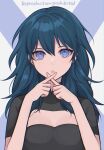  1girl bangs banned_artist black_shirt blue_eyes blue_hair breasts byleth_(fire_emblem) byleth_(fire_emblem)_(female) cleavage cleavage_cutout clothing_cutout commentary_request fire_emblem fire_emblem:_three_houses grey_background hair_between_eyes hands_up highres long_hair looking_at_viewer parted_lips shimizu_akina shirt solo upper_body 