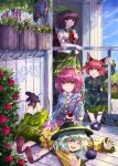  4girls :d animal_ears braid brown_hair cat_ears daisy day denpajin-ryuushi eyeball flower green_hair hairband happy heart highres kaenbyou_rin komeiji_koishi komeiji_satori long_hair lying multiple_girls on_stomach open_mouth outdoors pink_hair purple_flower red_eyes red_flower red_hair reiuji_utsuho rose short_hair siblings sisters sky smile third_eye touhou twin_braids twintails 