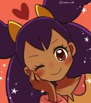  1girl ;) bangs blush brown_eyes closed_mouth collarbone commentary dark-skinned_female dark_skin eyelashes hand_on_own_cheek hand_on_own_face heart iris_(pokemon) long_hair long_sleeves looking_at_viewer one_eye_closed orange_background pokemon pokemon_(game) pokemon_bw purple_hair smile solo star_(symbol) takana_bb twitter_username two_side_up upper_body 