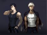  2boys alternate_costume alternate_hairstyle angry archer_(fate) bespectacled biceps black_tank_top blue_hair bracelet closed_mouth contemporary cu_chulainn_(fate)_(all) cu_chulainn_(fate/stay_night) dark-skinned_male dark_skin denim earrings fate/stay_night fate_(series) glasses hand_in_pocket jacket jacket_on_shoulders jeans jewelry looking_at_viewer male_focus multiple_boys muscular muscular_male necklace pants pectorals red_eyes ribbed_tank_top shibanui spiked_hair tank_top white_hair white_tank_top 