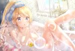  1girl bath bathing bathtub blonde_hair blue_eyes bow breasts bubble chestnut_mouth cleavage emori_miku_project emu_alice gomano_rio hair_bow highres large_breasts legs_up long_hair nude parted_lips ponytail slipper_bathtub soap_bubbles solo 