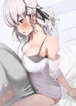  1boy 1girl absurdres bangs black_bra blush bra breast_press breasts cleavage collarbone girls_frontline hair_between_eyes hair_ribbon highres large_breasts medium_hair open_mouth red_eyes ribbon shirt silver_hair sitting solo_focus solokitsune spas-12_(girls_frontline) underwear white_background white_shirt white_theme 