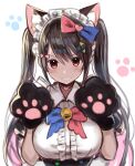 1girl absurdres animal_ears bell bow bowtie breasts brown_hair cat_ears choker collared_shirt gloves greatmosu grin habara_yutori hands_up heart heart_choker highres indie_virtual_youtuber jingle_bell large_breasts long_hair looking_at_viewer maid_headdress multicolored_bow multicolored_neckwear neck_bell paw_gloves paw_print paws red_eyes shirt smile solo twintails upper_body white_background wing_collar 