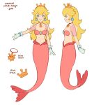 1girl artist_name blonde_hair blue_eyes bracelet breasts brooch character_name character_sheet cleavage closed_mouth collar commentary crown earrings english_commentary english_text gloves jewelry jivke long_hair looking_at_viewer mario_(series) mermaid mermaid_costume midriff monster_girl multiple_views navel pale_skin princess_peach shell shell_bikini shine_sprite smile super_mario_bros. tail white_background 