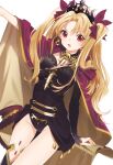  1girl arm_up bangs black_gloves black_headwear black_legwear black_leotard blonde_hair booota cape cowboy_shot dutch_angle earrings ereshkigal_(fate) fate/grand_order fate_(series) gloves hair_ribbon half_gloves jewelry leotard long_hair looking_at_viewer parted_bangs red_cape red_eyes red_ribbon ribbon simple_background single_glove single_thighhigh solo spine standing thighhighs tiara two-sided_cape two-sided_fabric two_side_up white_background yellow_cape 