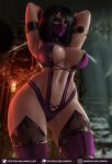  1girl armpits arms_up ass_visible_through_thighs black_hair breasts commentary dual_wielding highres holding large_breasts long_hair looking_at_viewer looking_down luminyu mask mileena mortal_kombat navel sai_(weapon) solo thighs wide_hips yellow_eyes 