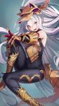  1girl armor bangs bare_shoulders black_bodysuit bodysuit boots breastplate elbow_gloves gloves granblue_fantasy green_background hands_on_own_knee headpiece highres knee_boots knee_up kneehighs long_hair looking_at_viewer medusa_(shingeki_no_bahamut) orange_eyes parted_lips pointy_ears shingeki_no_bahamut simple_background smile solo tail taishi_(picchiridou) very_long_hair white_hair 