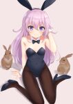  1girl animal_ears black_footwear black_legwear black_leotard black_neckwear blue_eyes bow bowtie breasts bunny bunny_ears bunny_tail detached_collar fake_animal_ears furutori grey_background highres leotard looking_at_viewer original pantyhose pink_hair playboy_bunny simple_background sitting small_breasts solo strapless strapless_leotard tail wariza wrist_cuffs 