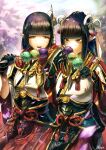  2girls artist_name bangs black_gloves black_hair blunt_bangs cherry_blossoms closed_mouth dango eyeliner fewer_digits food gloves hair_ornament hakama hand_on_another&#039;s_head highres hinoa holding japanese_clothes long_hair makeup minoto monster_hunter_(series) monster_hunter_rise multiple_girls nkyoku partially_fingerless_gloves petals pointy_ears red_hakama rope shimenawa siblings sisters smile tareme teeth tsurime twins wagashi yellow_eyes 