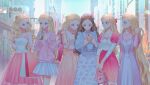  6+girls absurdly_long_hair alternate_costume anneliese_(barbie) bag barbie_(character) barbie_(franchise) barbie_as_rapunzel barbie_as_the_princess_and_the_pauper barbie_in_the_12_dancing_princesses barbie_in_the_nutcracker barbie_movies barbie_of_swan_lake blonde_hair blouse blue_dress blurry blurry_background bow braid brown_hair building cable_knit casual cellphone cityscape clara_(barbie) clara_(the_nutcracker) coffee_cup cowboy_shot crossover cup curly_hair disposable_cup dress drinking drinking_straw erika_(barbie) everyone eyeshadow floral_dress floral_print flower flower_wreath friends frilled_sleeves frills genevieve_(barbie) grimm&#039;s_fairy_tales hair_bow hair_flower hair_ornament hair_pulled_back hair_ribbon head_wreath highres holding holding_bag holding_hair jewelry long_hair long_skirt long_sleeves look-alike looking_at_another looking_at_phone makeup matching_outfit miniskirt multiple_girls necklace odette_(barbie) odette_(swan_lake) okitafuji pale_background pale_skin pastel_colors phone pink_dress pink_eyeshadow pink_sweater playing_with_own_hair pointing polka_dot polka_dot_dress polka_dot_skirt princess_and_the_pauper princess_anneliese_(barbie) puffy_sleeves rapunzel rapunzel_(barbie) rapunzel_(grimm) ribbon rose see-through_skirt sheer_clothes shirt_under_dress shopping shopping_bag skirt sky skyscraper sleeveless sleeveless_dress smartphone smile straight_hair swan_lake sweater tank_top the_nutcracker tri_braids very_long_hair 