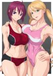  2girls ahoge armpits bangs bare_shoulders bikini black_bikini blonde_hair blue_eyes blush breasts cleavage collarbone commentary_request commission covered_navel cowboy_shot earrings eyebrows_behind_hair green_eyes groin gundam gundam_seed gundam_seed_destiny gundam_tekketsu_no_orphans hair_between_eyes hand_on_another&#039;s_back hand_on_another&#039;s_shoulder hand_on_hip head_tilt heart heart_earrings highres jewelry lafter_frankland large_breasts long_hair looking_at_viewer lunamaria_hawke midriff multiple_girls navel ozaneko parted_lips partial_commentary pink_swimsuit red_bikini red_hair short_hair side-by-side sidelocks simple_background skeb_commission smile sports_bikini standing swimsuit twintails two-tone_bikini 