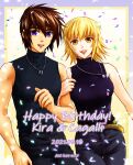  1boy 1girl 2021 :d bangs black_pants black_shirt blonde_hair breasts brother_and_sister brown_hair cagalli_yula_athha character_name confetti cowboy_shot dated gundam gundam_seed hair_between_eyes happy_birthday jewelry kira_yamato locked_arms looking_at_viewer medium_breasts necklace open_mouth pants parubinko purple_eyes shiny shiny_hair shirt short_hair siblings sleeveless sleeveless_shirt smile standing thigh_gap turtleneck yellow_belt yellow_eyes 