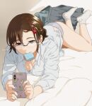  1girl bed_sheet breasts brown_hair cellphone cleavage collared_shirt dress_shirt food food_in_mouth glasses grey_eyes grey_skirt hair_ornament hairclip holding holding_phone ice_cream long_sleeves lying mattaku_mousuke medium_breasts mouth_hold on_side original panties phone pleated_skirt shirt skirt skirt_removed socks solo striped striped_panties underwear watermark white_legwear white_shirt 