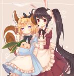  2girls :3 alice_(alice_in_wonderland) alice_(alice_in_wonderland)_(cosplay) animal animal_ears apron arpiel bad_id black_headband black_neckwear blonde_hair blue_dress blush bow bowtie brown_hair bunny_ears chikipote commentary_request cosplay dress eyebrows_behind_hair gloves hair_ornament hair_ribbon headband heart heart_in_eye irene_(arpiel) juliet_sleeves leaf long_hair long_sleeves looking_at_viewer maid maid_apron multiple_girls neck_ribbon playing_with_hair puffy_sleeves purple_eyes red_dress red_eyes ribbon ruu_(arpiel) short_hair simple_background smile squirrel_ears squirrel_tail star_(symbol) star_in_eye symbol_in_eye tail twintails very_long_hair white_apron white_gloves white_ribbon x_hair_ornament 