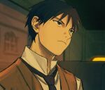  1boy backlighting black_eyes black_hair black_neckwear blurry blurry_background brown_theme brown_vest building car_interior car_seat casual close-up closed_mouth collared_shirt doya expressionless face facing_away fullmetal_alchemist high_collar highres looking_afar male_focus messy_hair necktie roy_mustang shirt tsurime vest white_shirt window 