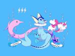  air_bubble barboach black_eyes blue_background bubble cghg_821 closed_mouth commentary eyelashes fish gen_1_pokemon gen_3_pokemon gen_4_pokemon goldeen gorebyss highres manaphy mythical_pokemon no_humans pokemon pokemon_(creature) purple_eyes shellder simple_background smile vaporeon 