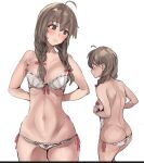  1girl beige_bra beige_panties bra braid breasts brown_eyes brown_hair butt_crack cleavage cowboy_shot kantai_collection large_breasts long_hair lowleg lowleg_panties multiple_views panties shinshuu_maru_(kancolle) simple_background standing twin_braids underwear underwear_only white_background yukiguni_yuu 