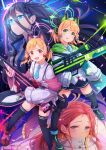  4girls absurdres arisu_(blue_archive) assault_rifle black_legwear blonde_hair blue_archive cat_ear_headphones commentary forehead gsong-chan gun hair_between_eyes halo headphones highres jacket long_hair looking_at_viewer midori_(blue_archive) momoi_(blue_archive) multiple_girls red_hair rifle school_uniform short_hair siblings sniper_rifle thighhighs twins weapon yuzu_(blue_archive) 