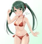  1girl ame-san bikini breasts commentary_request cowboy_shot dated gradient gradient_background green_background green_eyes green_hair halterneck highres kantai_collection long_hair looking_at_viewer mikuma_(kancolle) red_bikini side-tie_bikini small_breasts solo string_bikini swimsuit twintails twitter_username white_background 