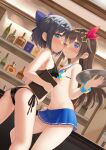  2girls a-chan_(hololive) absurdres ass atg_(wttoo0202) bikini black_bikini blue_bikini blue_bow blue_eyes blue_hair blush bottle bow brown_hair closed_mouth eyebrows_visible_through_hair flat_chest groin hair_bow hair_ornament hair_ribbon halterneck highres holding hololive indoors long_hair looking_at_viewer multiple_girls one_eye_closed red_ribbon ribbon short_hair side-tie_bikini smile standing star_(symbol) star_hair_ornament string_bikini swimsuit symbol_commentary tokino_sora virtual_youtuber younger 