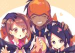  1girl 2boys :o ahoge allister_(pokemon) bangs black_hair black_hoodie blush bob_cut brown_eyes brown_hair buttons claw_pose closed_eyes collared_dress collared_shirt commentary dark-skinned_male dark_skin dress dynamax_band gloria_(pokemon) gloves grin gym_leader hand_on_another&#039;s_head hands_up highres hood hood_down hoodie long_sleeves multiple_boys nagatsukiariake open_mouth pink_dress pokemon pokemon_(game) pokemon_swsh raihan_(pokemon) raised_eyebrows shiny shiny_hair shirt short_hair single_glove smile teeth tongue 