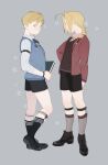  2boys ahoge alphonse_elric arm_at_side armband bangs black_footwear black_legwear black_shorts black_sweater blonde_hair blue_neckwear blue_sweater book bow bowtie braid brothers closed_mouth collared_shirt edward_elric eyelashes facing_away formal full_body fullmetal_alchemist grey_background grey_legwear grey_shirt hand_on_hip holding holding_book jacket looking_afar looking_to_the_side male_focus medal multiple_boys open_clothes open_jacket oxfords p0ckylo parted_bangs pink_shirt profile red_jacket shirt shoes shorts siblings side-by-side simple_background sock_garters socks standing standing_on_one_leg star_(symbol) starry_background striped striped_bow striped_legwear striped_neckwear striped_shirt sweater swept_bangs tareme watch wristwatch yellow_eyes 