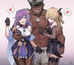  1boy 3girls abs ark_john_up ass_grab blonde_hair blush breast_grab breasts company_connection dark-skinned_male dark_skin dog_tags eyepatch fangs fischl_(genshin_impact) genshin_impact gloves grabbing grin groping hat heart hetero honkai_(series) honkai_impact_3rd jewelry keqing_(genshin_impact) large_breasts mihoyo_technology_(shanghai)_co._ltd. multiple_girls muscular muscular_male navel necklace paimon_(genshin_impact) pantyhose purple_eyes purple_hair shaded_face smile standing teeth thought_bubble twintails 