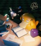  blurry book commentary computer eyelashes gen_1_pokemon hands_on_own_head highres laptop looking_down louie_zong magnemite no_humans paper pencil pokemon pokemon_(creature) psyduck reading shiny squiggle 