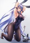  1girl anchor_ornament animal_ears arm_strap armpits arms_up artist_name azur_lane bangs black_legwear black_leotard blush bodystocking breasts bunny_ears closed_mouth covered_navel creature eyebrows_visible_through_hair fake_animal_ears full_body hair_intakes highres kneeling large_breasts legs leotard long_hair looking_at_viewer new_jersey_(azur_lane) new_jersey_(exhilarating_steps!)_(azur_lane) no_shoes official_alternate_costume pole purple_eyes purple_hair sebu_illust simple_background smile solo stripper_pole very_long_hair white_background 