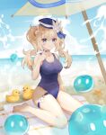  1girl barbara_pegg barefoot beach bird blonde_hair blue_eyes breasts cleavage drill_hair duck feet full_body genshin_impact hat horns legs lizhilv medium_breasts nail_polish one-piece_swimsuit pink_nails sailor_hat school_swimsuit seiza sitting slime_(genshin_impact) smile starfish swimsuit toenail_polish toes twin_drills twintails 