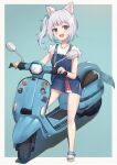  1girl :d animal_ear_fluff animal_ears bag blue_background blue_dress blue_eyes blue_hair blue_nails brown_footwear cat_ears commentary dress fish_tail full_body gawr_gura grey_hair ground_vehicle highres hololive hololive_english legs looking_at_viewer motor_vehicle motorcycle multicolored_hair official_alternate_costume open_mouth revision sandals shark_tail sharp_teeth shirt shoulder_bag side_ponytail sleeveless sleeveless_dress smile solo streaked_hair symbol_commentary tail teeth toenail_polish uneg virtual_youtuber white_shirt 