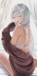  1girl absurdres back bad_id bad_pixiv_id bare_shoulders bra breasts brown_jacket curtains from_behind grey_eyes highres jacket jenmin12 lingerie long_hair long_sleeves looking_at_viewer looking_back medium_breasts off_shoulder open_mouth original silver_hair sitting sleeves_past_fingers sleeves_past_wrists smile solo spaghetti_strap thighs underwear white_bra 