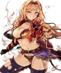  1girl bangs blonde_hair blue_eyes bra braid breasts cleavage fire granblue_fantasy hair_intakes hair_ornament hairband highres large_breasts long_hair looking_at_viewer open_mouth panties simple_background smile solo sunglasses torn_clothes underwear venomrobo weapon zeta_(granblue_fantasy) 