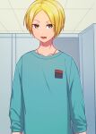  1boy :o blonde_hair blue_shirt brown_eyes highres indoors looking_at_viewer male_focus sakamoto_days shin_(sakamoto_days) shirt short_hair solo sonoda_(mzm) 