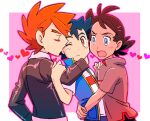  3boys amada ash_ketchum black_hair blue_eyes blush border boy_sandwich brown_eyes brown_hair closed_eyes closed_mouth dark-skinned_male dark_skin gary_oak goh_(pokemon) heart hug jacket looking_at_another male_focus multiple_boys one_eye_closed open_mouth outside_border pink_background pokemon pokemon_(anime) pokemon_swsh_(anime) sandwiched shirt short_hair smile t-shirt upper_body white_border wing_collar yaoi 