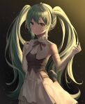  1girl ahoge bangs black_hairband black_ribbon bustier closed_mouth commentary dress elbow_gloves eyebrows_visible_through_hair floating_hair gloves green_eyes green_hair hair_between_eyes hairband hatsune_miku highres leepy long_hair looking_at_viewer miku_symphony_(vocaloid) neck_ribbon ribbon shiny shiny_hair sleeveless sleeveless_dress smile solo standing twintails very_long_hair vocaloid white_dress white_gloves 