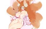  1girl absurdres animal_ears bare_shoulders borrowed_character breasts brown_hair feet_out_of_frame fox_ears fox_tail green_eyes highres huge_breasts long_hair looking_at_viewer multiple_tails navel nipples no_bra no_panties norasuko off_shoulder open_clothes open_shirt original shirt simple_background smile solo tail white_background white_shirt 