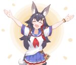  1girl animal_ears bead_bracelet beads black_hair bracelet cosplay fang hololive jewelry long_hair matikanefukukitaru_(umamusume) matikanefukukitaru_(umamusume)_(cosplay) ookami_mio outstretched_arms sailor_collar smile tail_around_leg uchukurage_san umamusume virtual_youtuber wolf_ears 