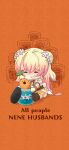  absurdres blonde_hair bob-the-bison chibi double_bun english_text engrish_text flower grin hair_flower hair_ornament highres hololive long_hair momosuzu_nene nekko_(momosuzu_nene) orange_background ranguage sitting smile solid_oval_eyes two_side_up virtual_youtuber 