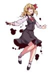 1girl absurdres ascot black_dress blonde_hair collared_shirt cravat dress hair_ribbon highres outstretched_arms red_eyes red_neckwear red_ribbon ribbon rumia shirt short_hair spread_arms stank touhou vest white_background white_shirt youkai 