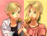  2boys ahoge alphonse_elric bangs black_shirt blonde_hair braid brothers close-up collarbone collared_shirt edward_elric expressionless eyelashes feeding fingernails food fork fullmetal_alchemist hand_up holding holding_food holding_fork long_sleeves looking_at_another looking_at_viewer looking_to_the_side male_focus multiple_boys noako open_clothes open_mouth open_shirt parted_bangs pastry pie pink_background pink_shirt shirt siblings side-by-side simple_background split_screen swept_bangs tareme teeth undershirt upper_body white_shirt yellow_background yellow_eyes 