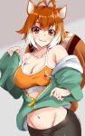  1girl absurdres animal_ears bangs blazblue blush breasts brown_eyes brown_hair casual chukachuka collarbone eyebrows_visible_through_hair hair_between_eyes highres large_breasts makoto_nanaya navel shorts smile solo squirrel_ears squirrel_girl squirrel_tail stomach tail 