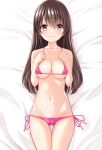  1girl absurdres bed_sheet bikini breasts brown_hair collarbone commentary_request highres long_hair looking_at_viewer lying marui_koishi medium_breasts navel on_back original pink_bikini side-tie_bikini smile solo swimsuit thighs yellow_eyes 