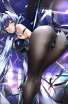  1girl absurdres angle animal_ears armband ass ass_focus azur_lane bare_shoulders bent_over blue_hair bodystocking breasts bunny_ears club hanging_breasts highres huge_filesize kyle_(kysizzle) legs legs_together leotard long_hair looking_back naughty_face new_jersey_(azur_lane) new_jersey_(exhilarating_steps!)_(azur_lane) official_alternate_costume pantyhose playboy_bunny pole_dancing seductive_smile shiny shiny_clothes smile speaker strapless strapless_leotard stripper_pole thighhighs weapon 