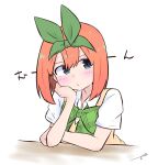  1girl bangs blue_eyes blush bow closed_mouth collared_shirt commentary_request eyebrows_behind_hair go-toubun_no_hanayome green_bow green_ribbon hair_between_eyes hair_ribbon kujou_karasuma looking_at_viewer nakano_yotsuba orange_hair ribbon shirt short_sleeves signature simple_background solo sweater_vest translation_request upper_body white_background white_shirt 