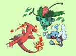 :d brown_eyes charmeleon claws fangs fire gen_1_pokemon green_background highres ivysaur kochi8i leaf no_humans open_mouth plant pokemon pokemon_(creature) red_eyes simple_background smile starter_pokemon starter_pokemon_trio tongue vines wartortle 