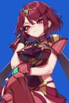  bangs black_gloves breasts chest_jewel crossed_legs earrings fingerless_gloves gloves highres jewelry large_breasts pyra_(xenoblade) red_eyes red_hair red_legwear red_shorts short_hair short_shorts shorts swept_bangs thighhighs thupoppo tiara xenoblade_chronicles_(series) xenoblade_chronicles_2 
